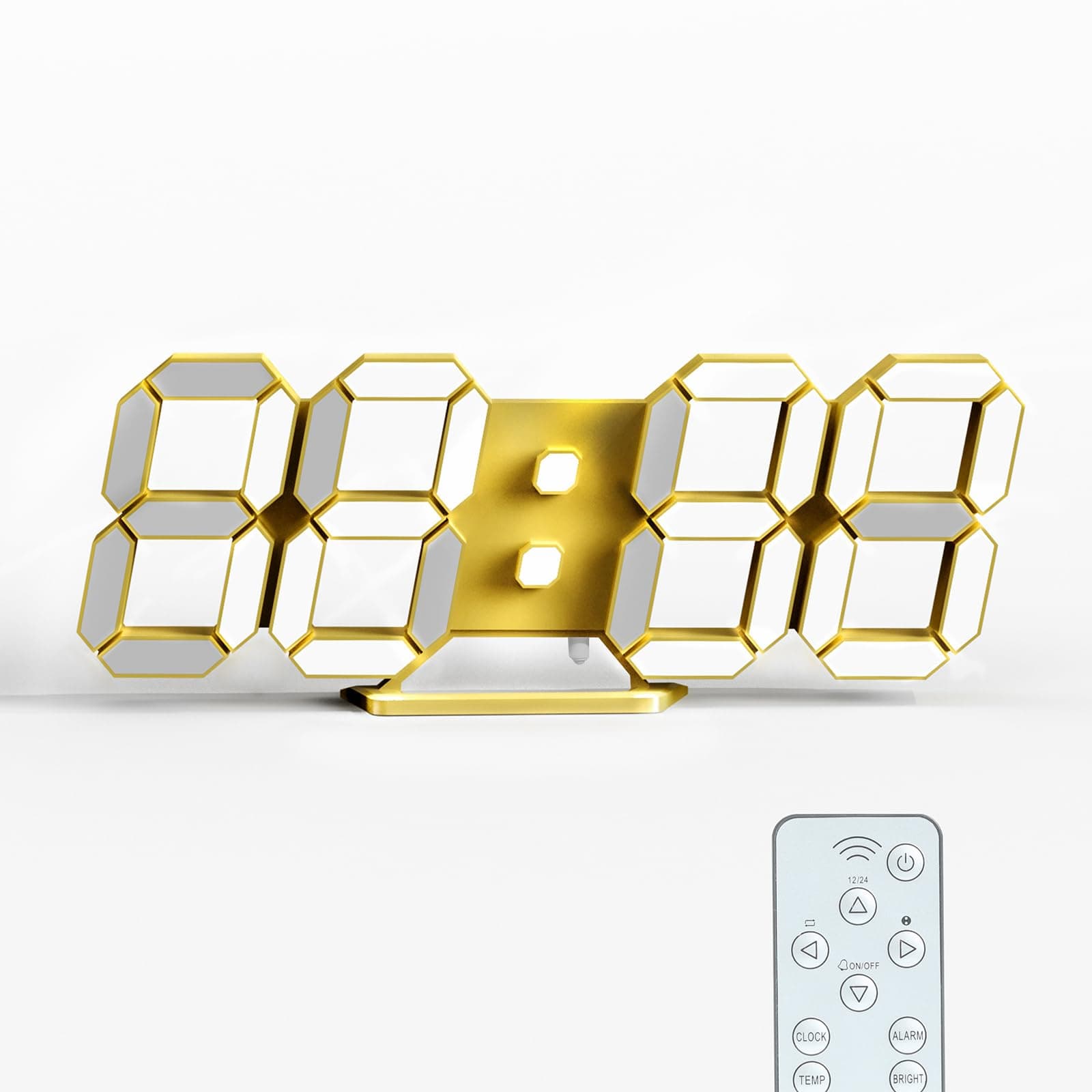 KOSUMOSU Digital Wall Clock 9.7" Gold Digital Clock with Remote, Date,12h 24h,Temp,Cool LED Clock for Bedroom,Desk 3D Clock for Gaming Setup