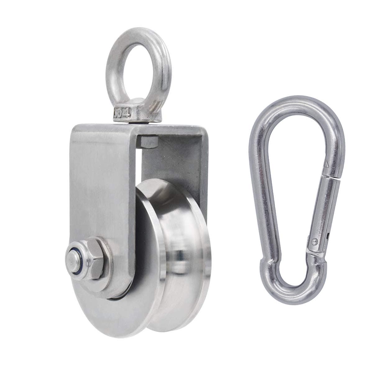 1PCS U Type Single Wheel Pulley + Carabiner Block Heavy Duty Duplex Bearing 304 Stainless Steel 360 Degree Rotation Smooth Loading 1760lb/800 Kg