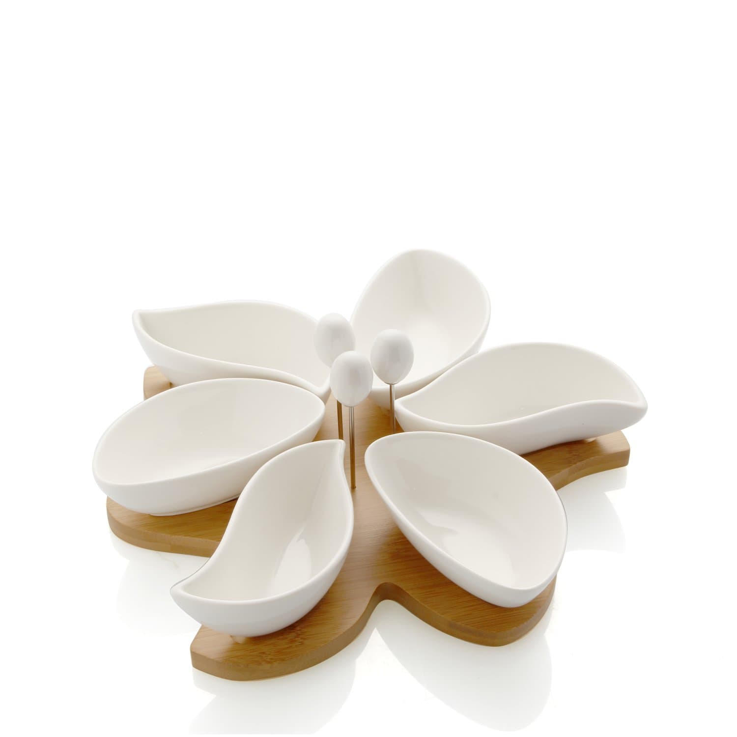 Brandani 55754 Sunlight White Porcelain Horsd' Oeuvre Dish with Bamboo, Multicolor