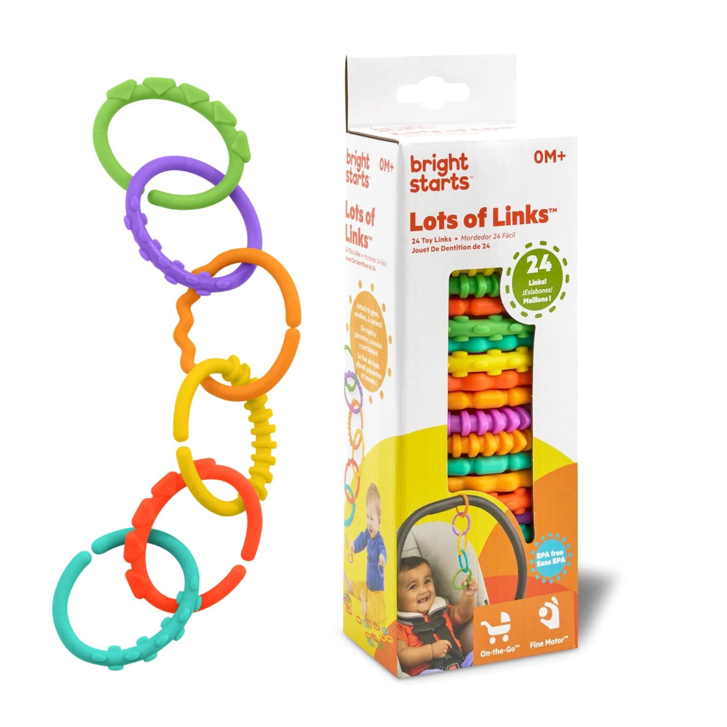 Bright Starts Lots of Links Rings Toys for Stroller or Carrier Seat, BPA-Free, Ages 0 Months Plus, Multicolor, 24 Count