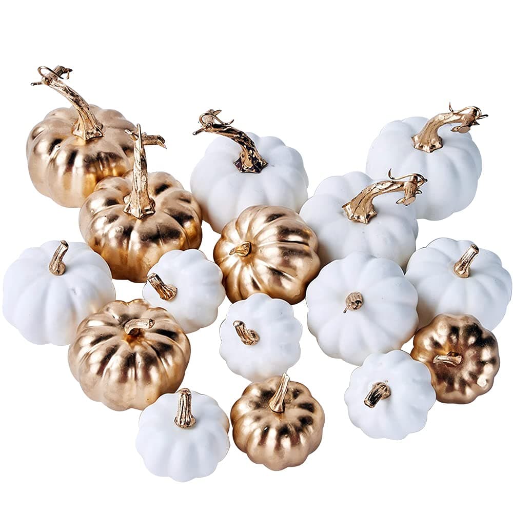 Artmag 16 Pcs Assorted Fall Artificial Pumpkins Harvest White Faux Pumpkins and Gold Plating Pumpkins for Halloween Fall Thanksgiving Decorating Displaying