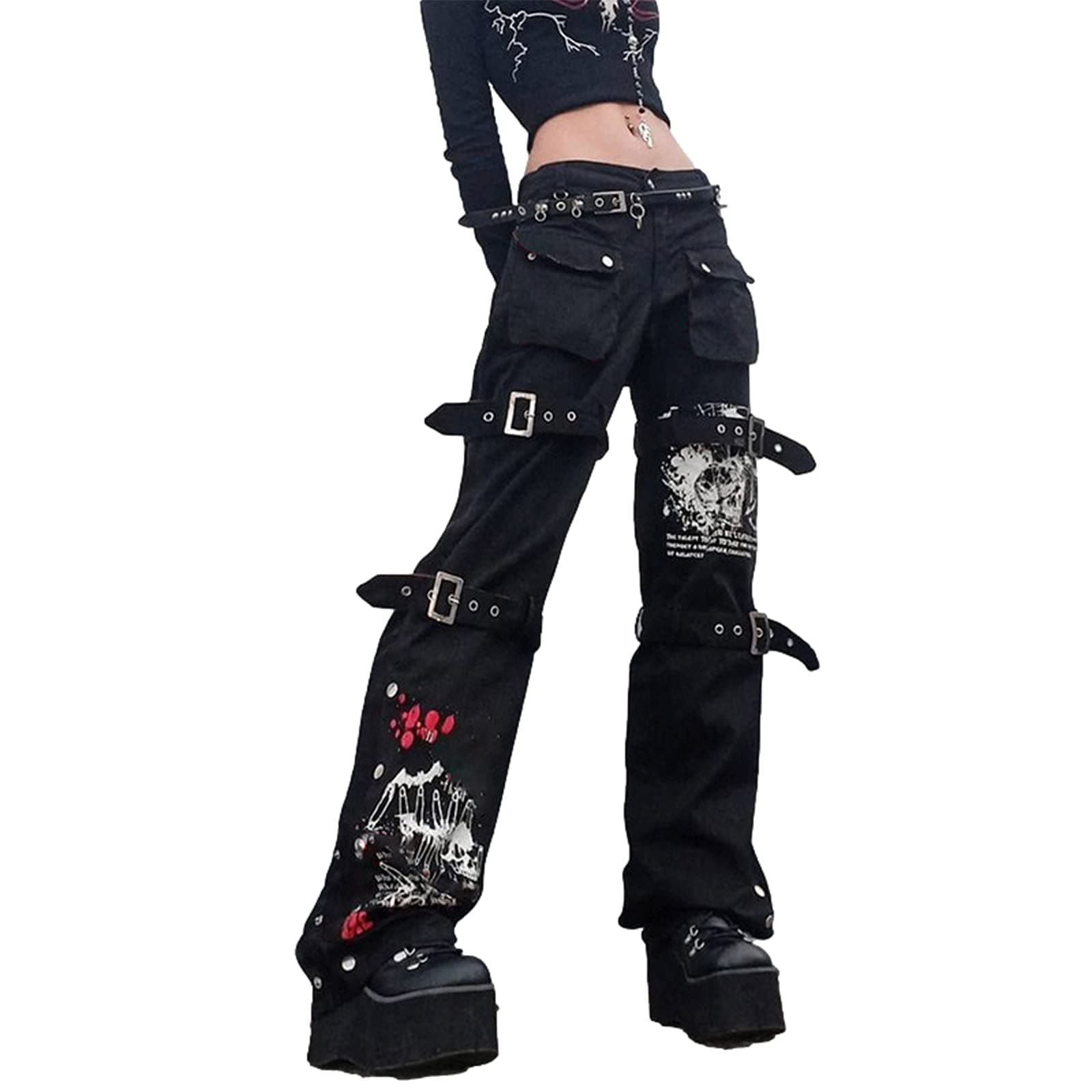 KMBANGI Women Y2K High Waisted Jeans Gothic Baggy Denim Pants Loose Casual Pants Trousers Streetwear(A-Black,M)