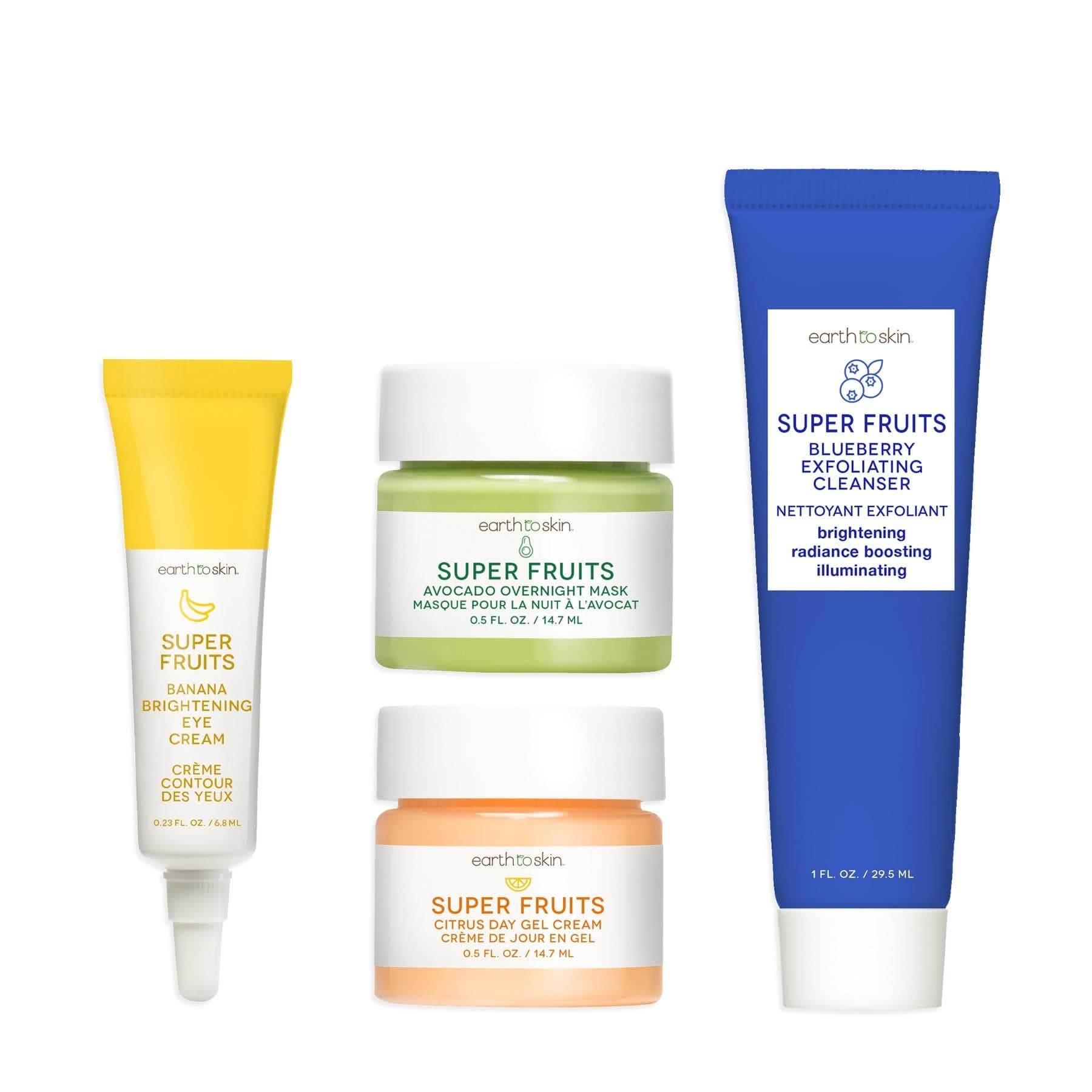 Earth To Skin Super Fruits Starter Set: Blueberry Exfoliating Cleanser (1.0 Fl Oz), Citrus Day Gel Cream (0.5 Fl Oz), Avocado Overnight Mask (0.5 Fl Oz), and Banana Brightening Eye Cream (0.23 Fl Oz)