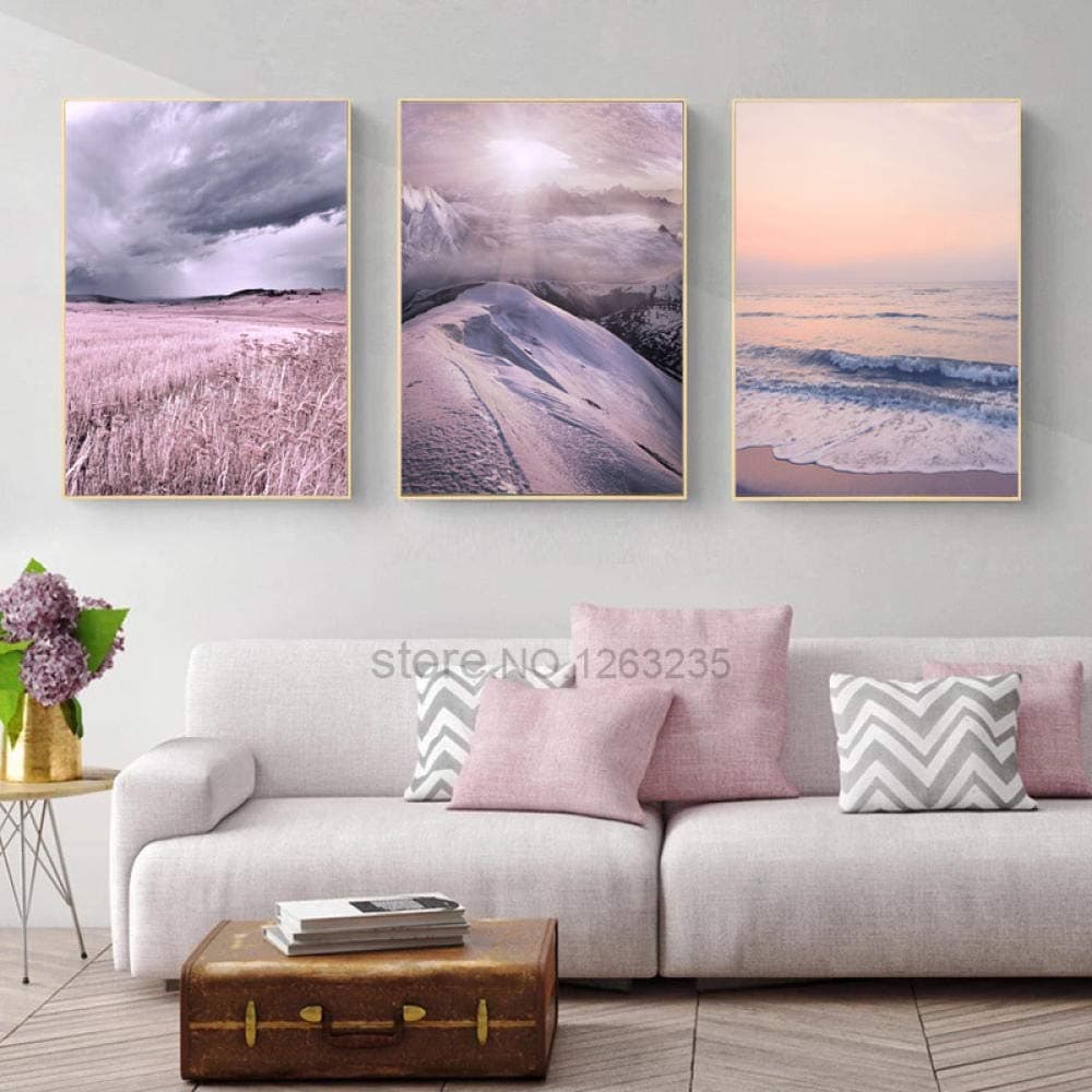 SHINERING Nordic Poster Pink Snow Mountain Wall Art Canvas Painting Sky Seawater Wall Pictures For Living Room Unframed