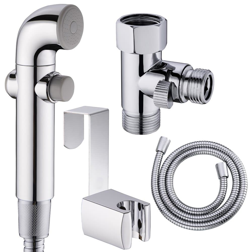 SonTiy HandHeld Bidet Sprayer for Toilet, Shattaf Baby Cloth Diaper Sprayer, Bathroom Chrome Bidet Toilet Seat Attachment Shut-off Brass T- Valve