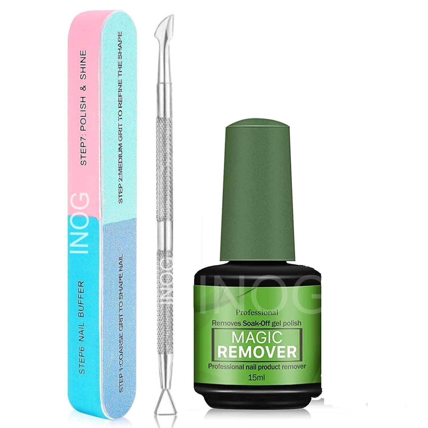 - INOG Gel Nail Polish Remover, No Need for Foil, Quick & Easy Polish Remover In 3-5 Minutes, No Need Soaking Or Wrapping Doesn't Hurt Nails-15ml (Set of 3) (7in1 Filer+Peeler)