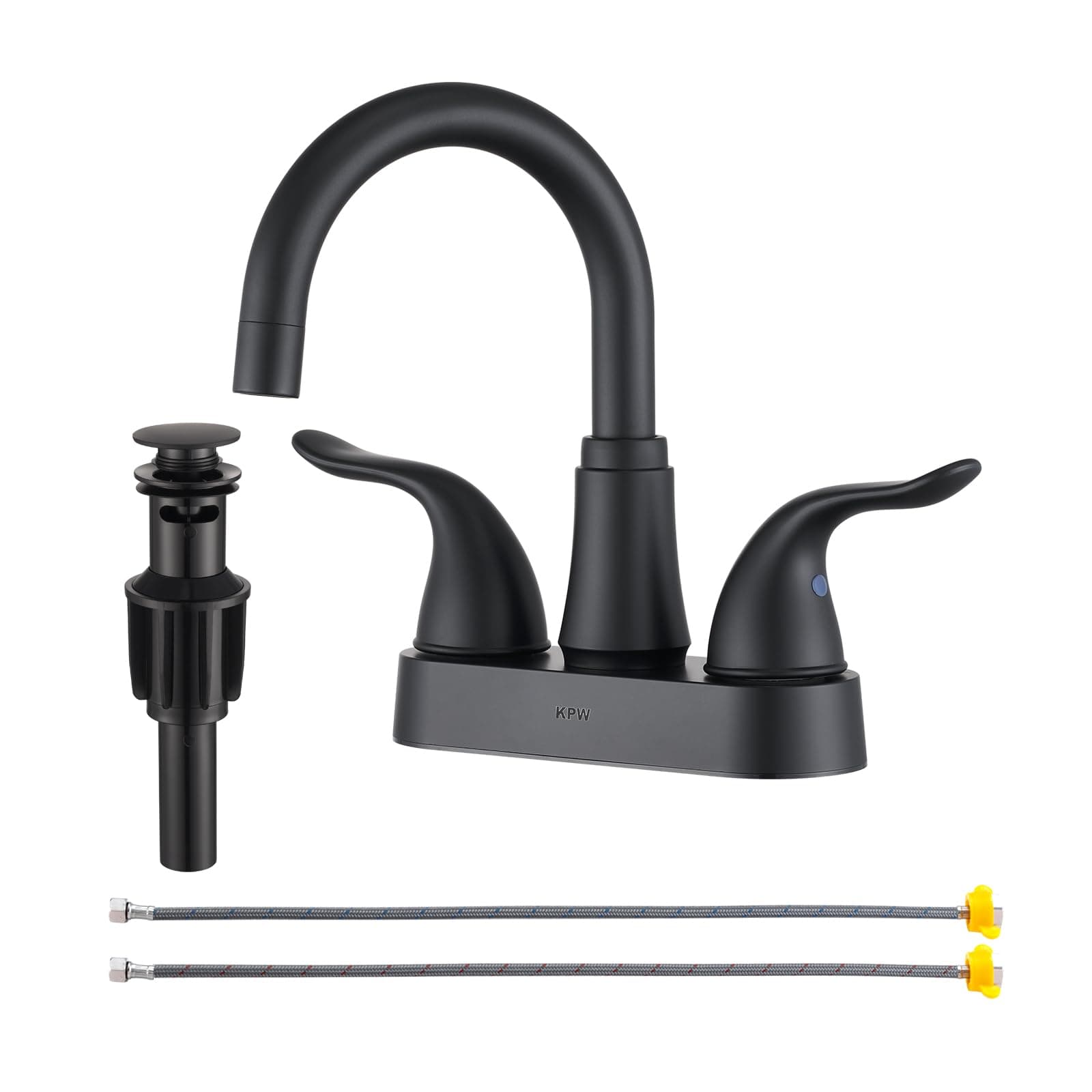 KPW Bathroom Sink Faucet 2 or 3 Hole Matte Black Centerset 4 Inch Bathroom Sink Faucet 2 Handle Plating Over ABS Plastic Non-Metallic Lavatory Bathroom Faucet with Pop up Drain Water Supply Hoses