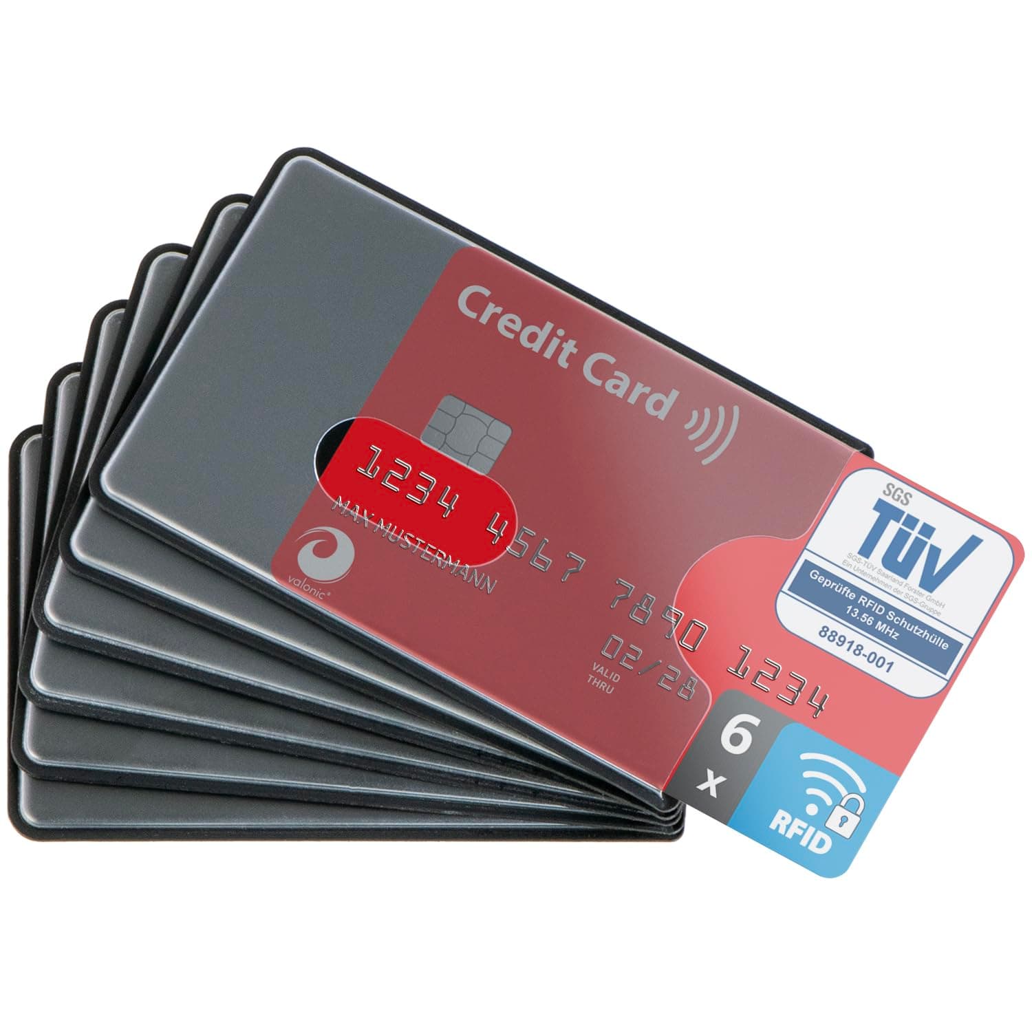 valonic RFID Blocker Protective Case – Pack of 6 – TÜV Tested – Plastic – Transparent – NFC Protective Cases – Card Case for Credit Cards and EC Cards, Transparent, 6X Seiteneinschub, Credit Card