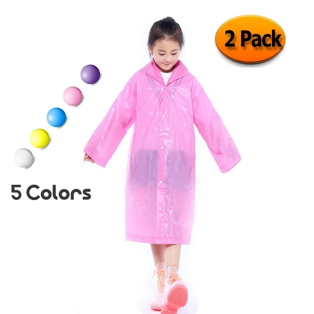 Kids Children Rain Poncho - Portable PVC Lightweight Waterproof Emergency Raincoat for Girls Boys with Hoods and Sleeves Perfect for Outdoor Activities Pink (2 Pack)