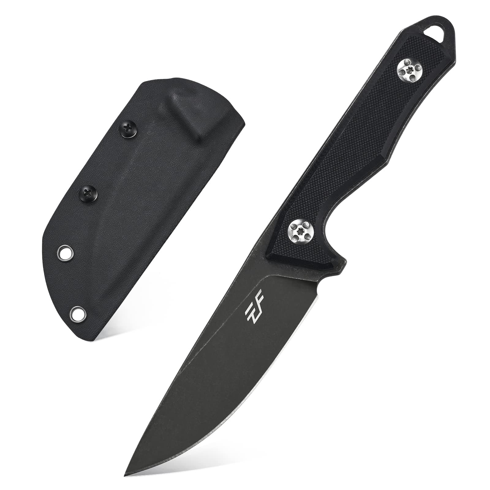 EF107 Fixed Blade Knife with D2 Steel Blade and Kydex Sheath - G10 Handle Compact Outdoor Field Utility Knife (Black)