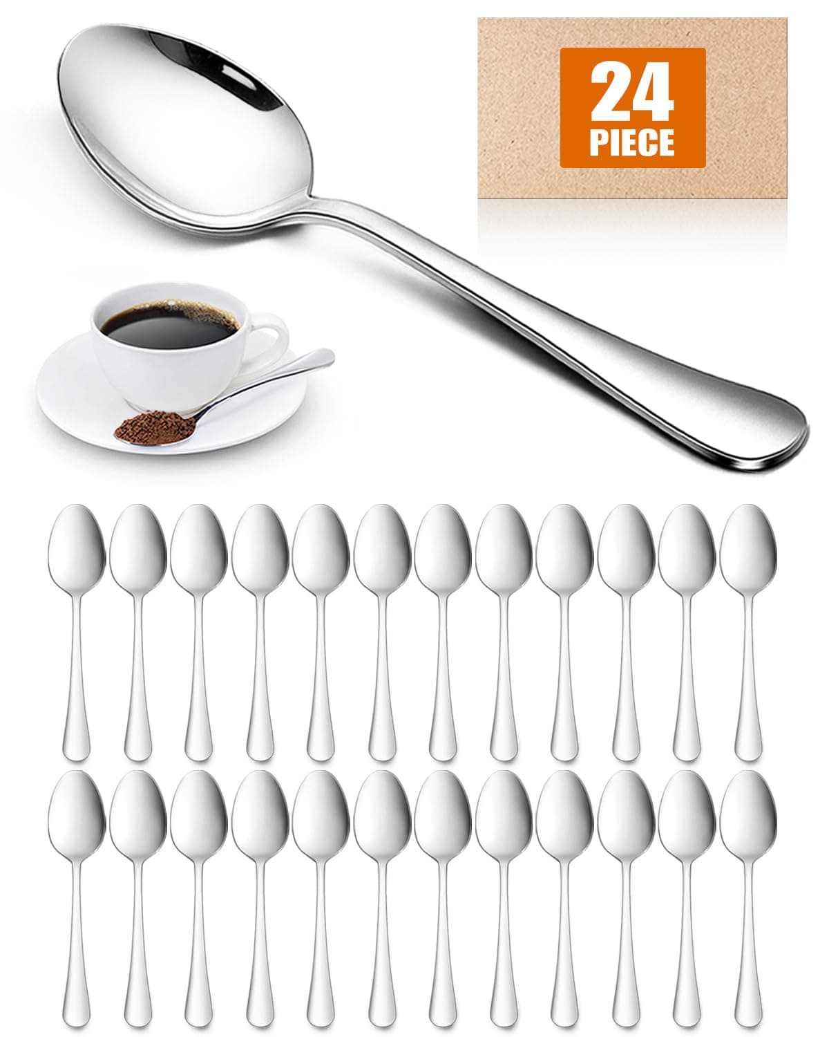 Tea Spoons (15 cm, 5.9 inches) Set of 24, Stainless Steel Polished Teaspoon Set, Small Dessert Spoons, Dishwasher Safe