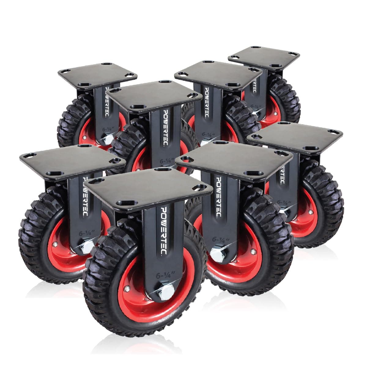POWERTEC 6 Inch Caster Wheels Set of 8, Heavy Duty Fixed Plate Casters with Rubber Knobby Tread for Workbench, Dolly, Cart, Trolley, Wagon, Toolbox and Chicken Coop, Large Castor Wheels (17052-P8)