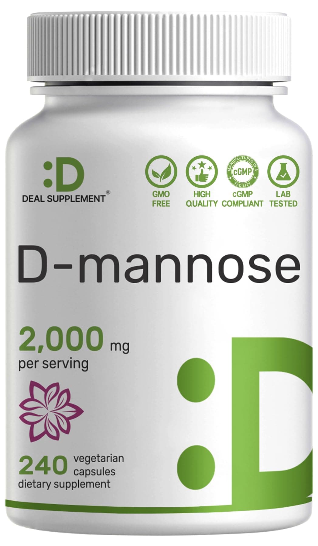 D Mannose 500mg Capsules (2,000mg Per Serving), 240 Veggie Pills – Fast Acting Water-Soluble Form – Extra Strength Urinary Tract (UTI) Health Support – Non-GMO, Vegan Friendly