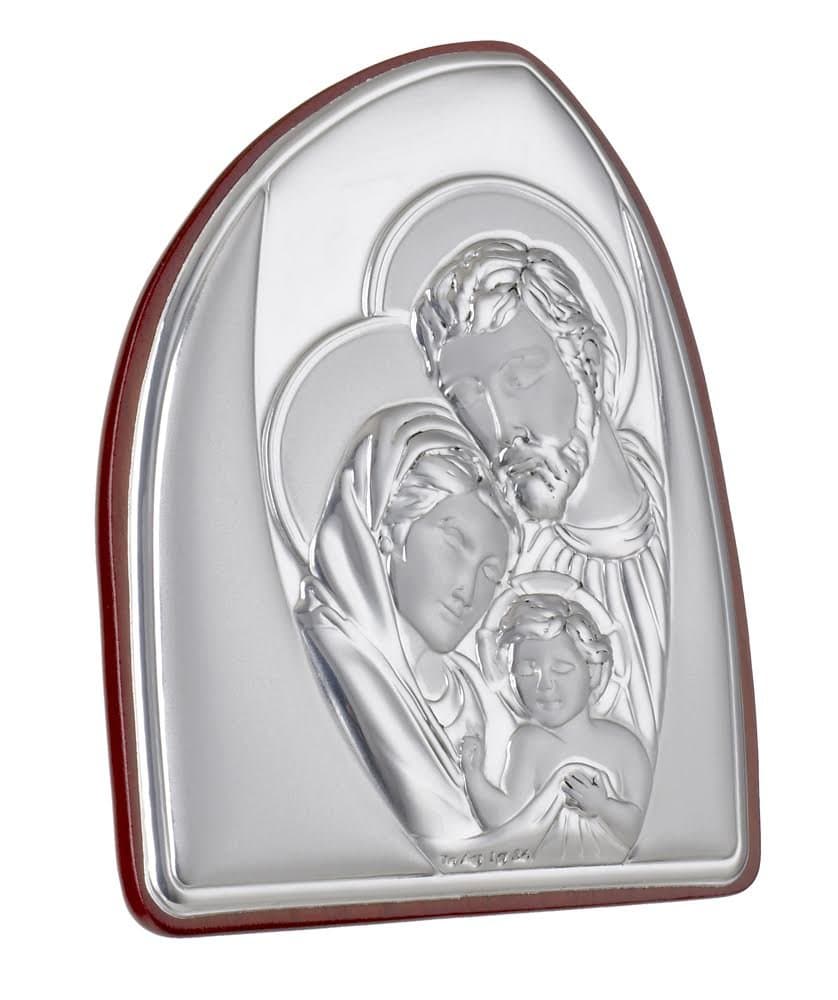 Italian Sterling Silver Argento Holy Family Religious icon, On Cherry- Wood Back