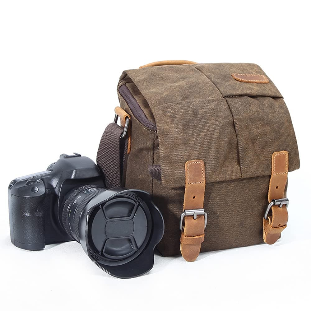 Camera Bag, Vintage Canvas Camera Shoulder Bag Waterproof Leather Trim DSLR SLR Shockproof Camera Messenger Bag Brown