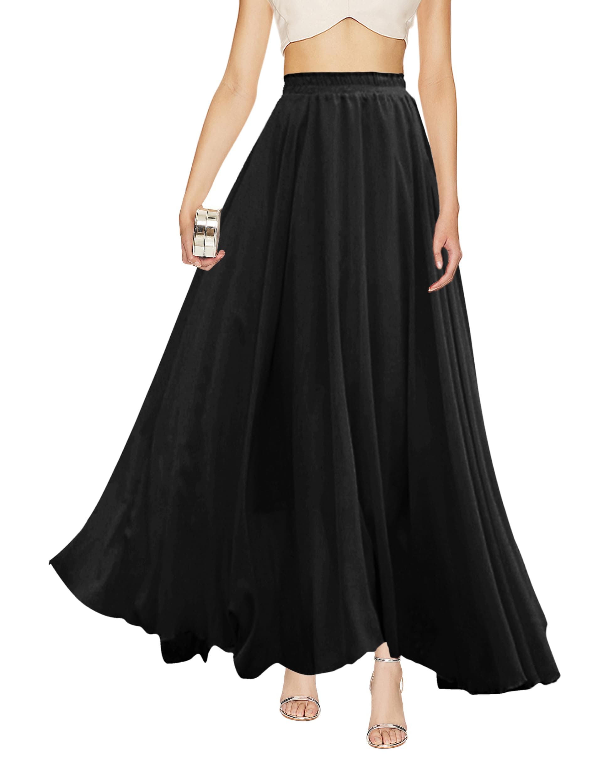 Women Full/Ankle Length Elastic Pleated Retro Maxi Chiffon Long Skirt