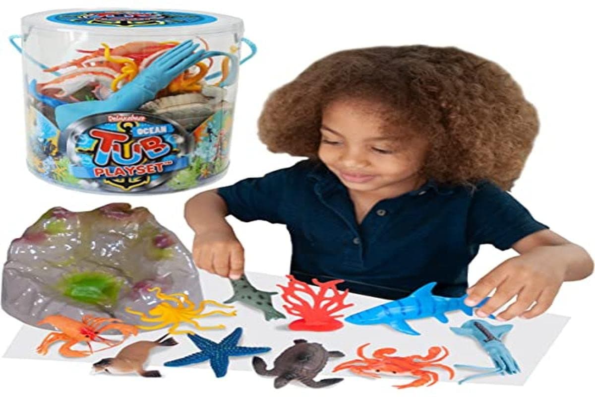 Ocean from Deluxebase. 12 Piece Educational Sea Life Toy Playset for Kids. Reusable Tub with Shark, Starfish, Seahorse, Crab, Octopus, Turtle, Stingray and Marine Accessories