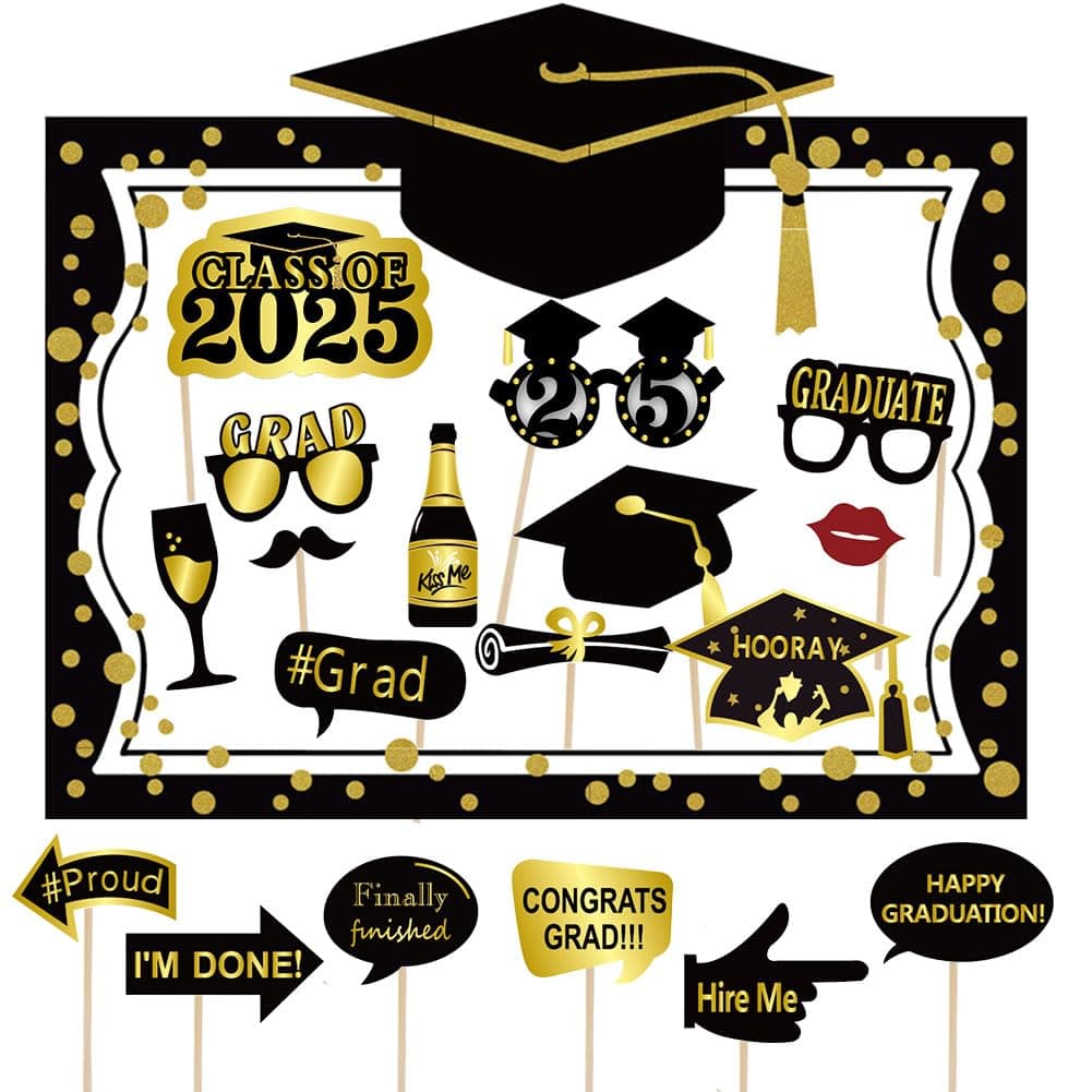 Seasons Stars SSDecor 2024 Graduation Selfie Photo Booth Frame Black and Gold with 18Pcs Graduation Photo Booth Props, Upgraded Version with Support Cardboard, 2024 Grad Party Pose Sign