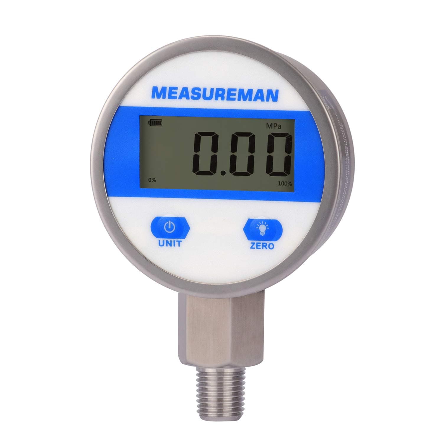 MEASUREMAN 2-1/2" dial, Digital Industrial Pressure Gauge with 1/4" NPT Lower Mount, Stainless Steel case and Connection, 0-30psi/bar, 1%,Battery Powered, with LED Light
