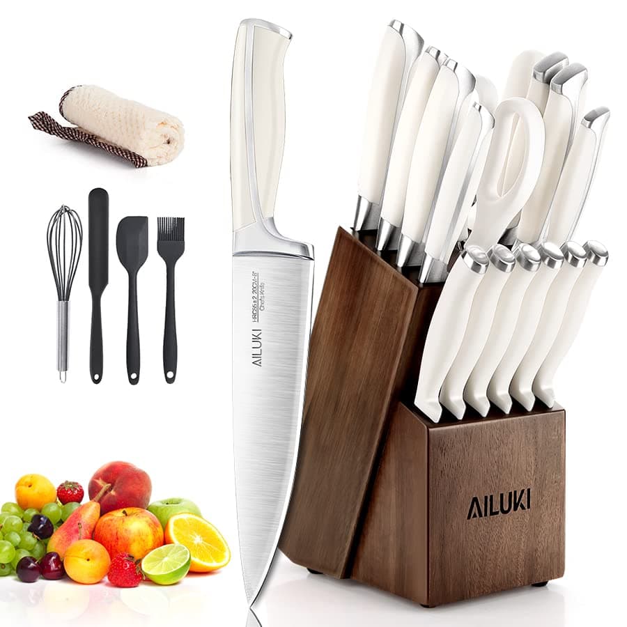 Knife Set,20 Piece Kitchen Knife Set with Block Wooden and Sharpener, Professional High Carbon German Stainless Steel Chef Knife Set, Ultra Sharp Full Tang Forged White Knives Set