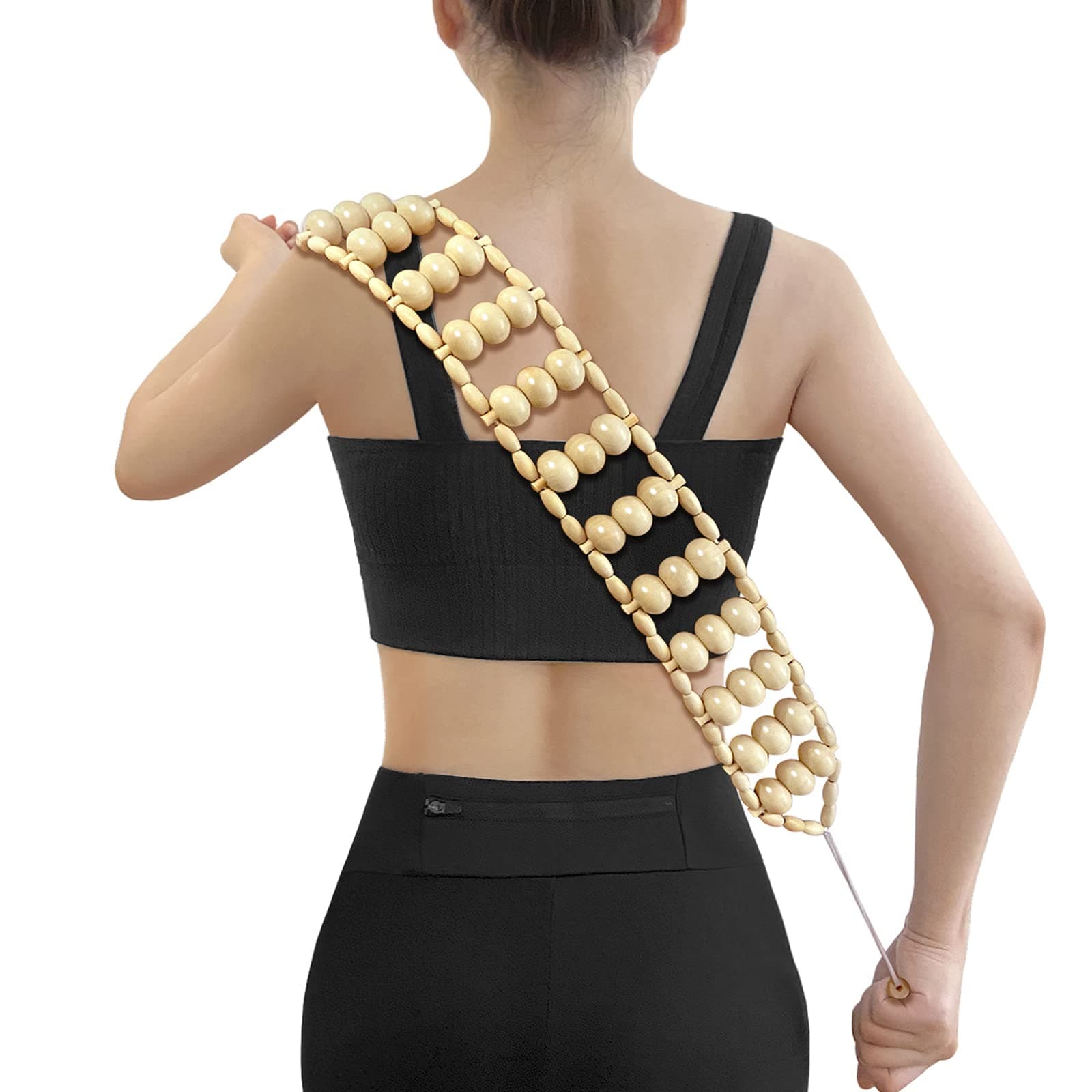 Wood Back Massager Roller Rope, Manual Massage Strap for Back, Neck, Shoulders, Legs, Waist Pain Relief, Wooden Therapy Lymphatic Anti Cellulite Muscle Recovery Massage Tool