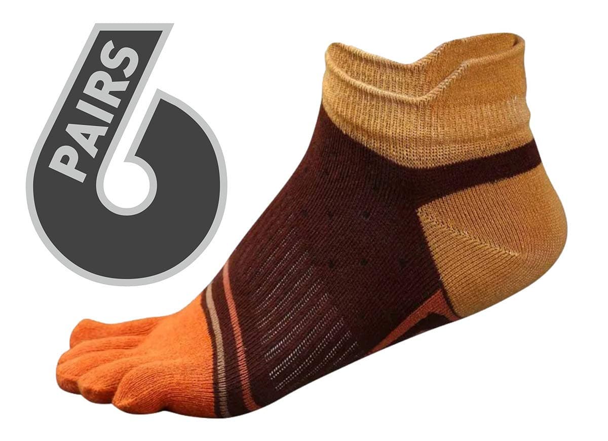 Five toe socks 6 pack - toes separated comfortable socks for athletic, running, walking, yoga and casual use (Brown)