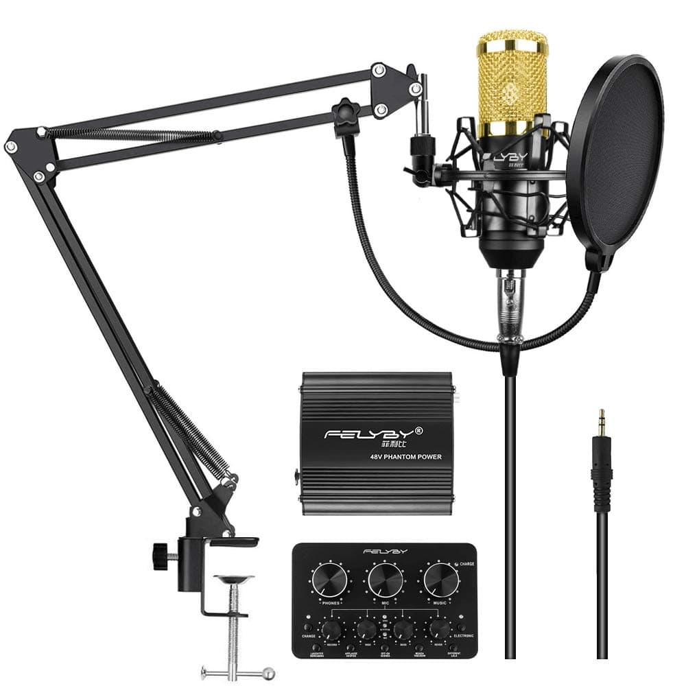 FELYBY Professional Condenser Microphone, Cardioid Recording Microphone Kit with Adjustable Suspension Scissor Boom Arm, Live Sound Card, Perfect for YouTube/Video Conference/Gaming/Skype/Zoom