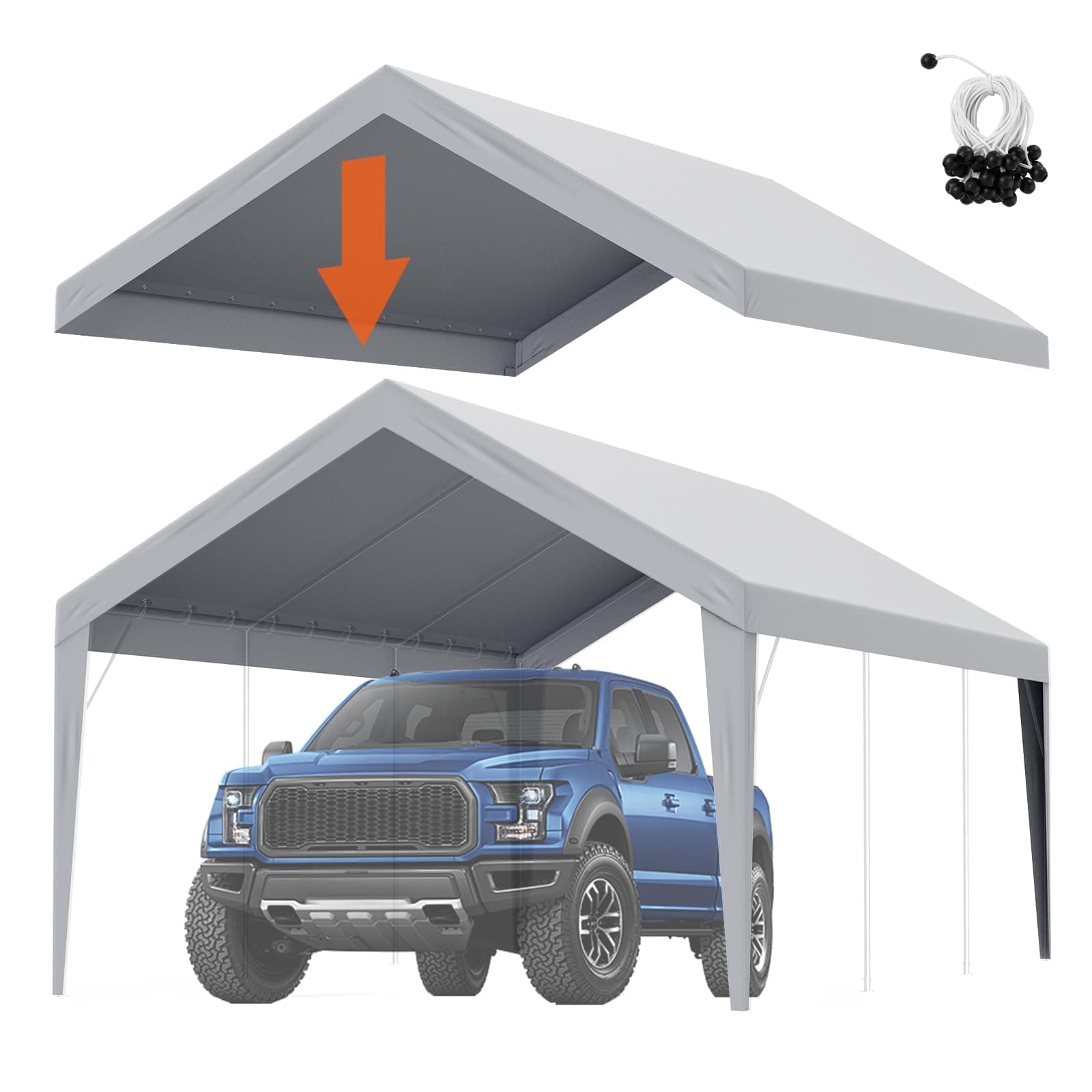 VEVOR Carport Replacement Canopy Cover 10 x 20 ft, Garage Top Tent Shelter Tarp Heavy-Duty Waterproof & UV Protected, Easy Installation with Ball Bungees,White (Only Top Cover, Frame Not Include)