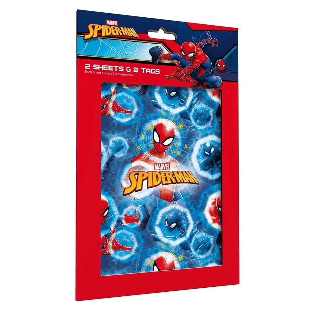 Marve Spiderman Wrapping Paper 2 sheets Of Gift Wrap And 2 Gift Tags, blue, red