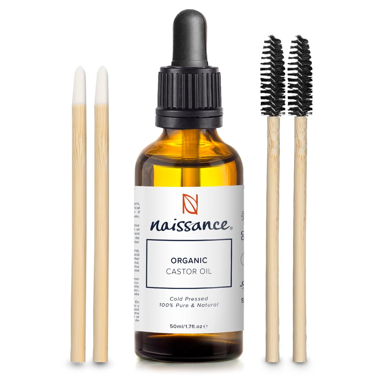 Naissance Organic Castor Oil with Wands (No. 217) - 50 ml - for Eyelashes, Eyebrows, Healthy Hair Growth