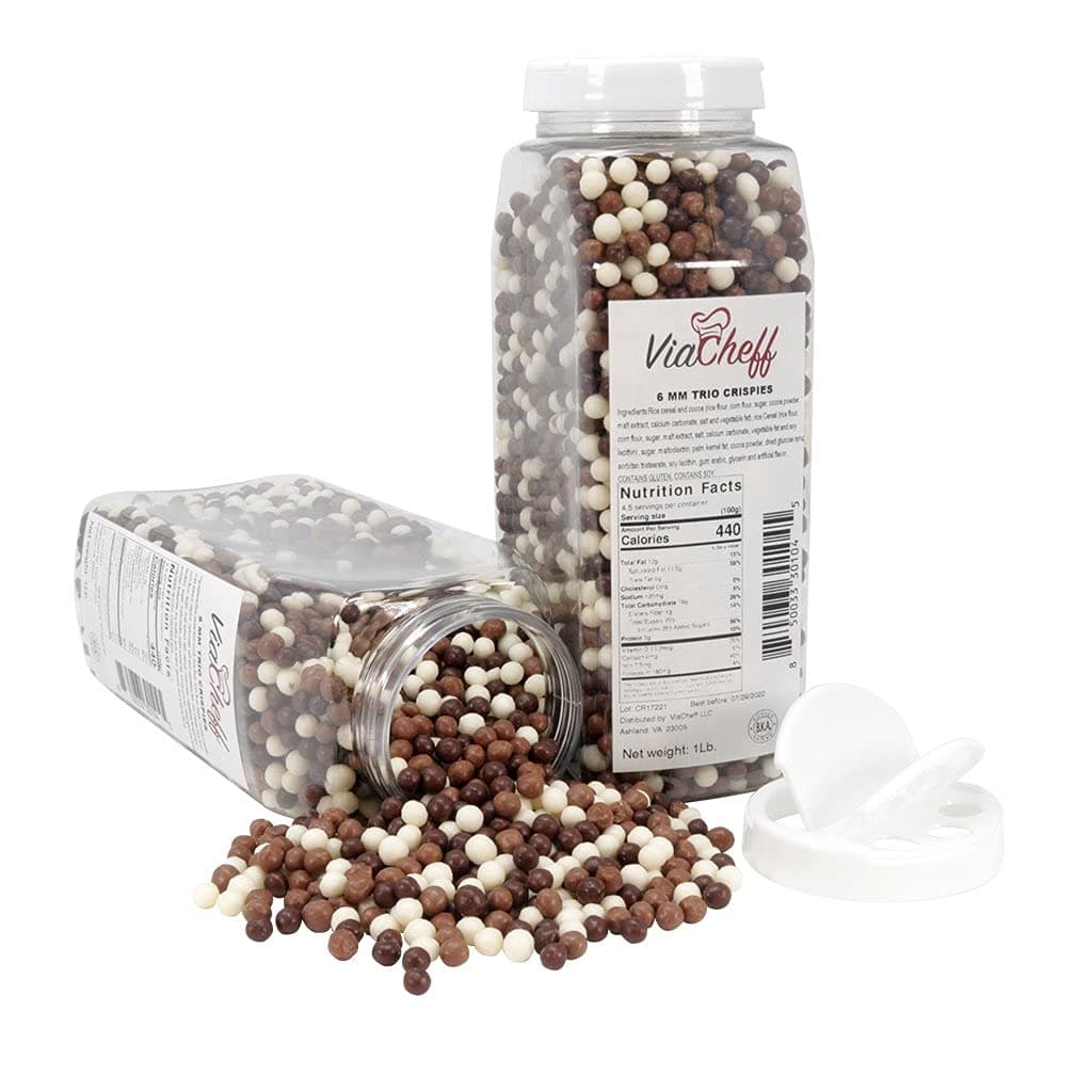 Trio Crispies (6mm) - Crunchy Dessert Topping to Sprinkle on Ice Cream, Cakes, Cupcakes, Cookies, Candy and Donuts. - 1 lb. Shaker Jar - Dairy-free