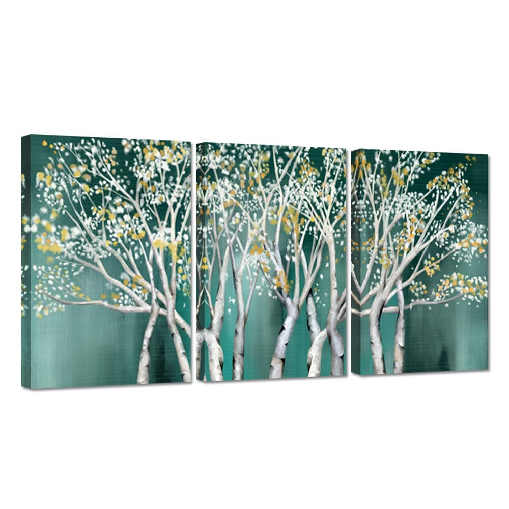 Zlove 3 Pieces Canvas Wall Art White Blue Birch Forest Nature Plant Green Tree Landscape Picture Abstract Artwork Stretched and Framed for Home Office Living Room Bedroom Wall Decor 12x16inchx3pcs