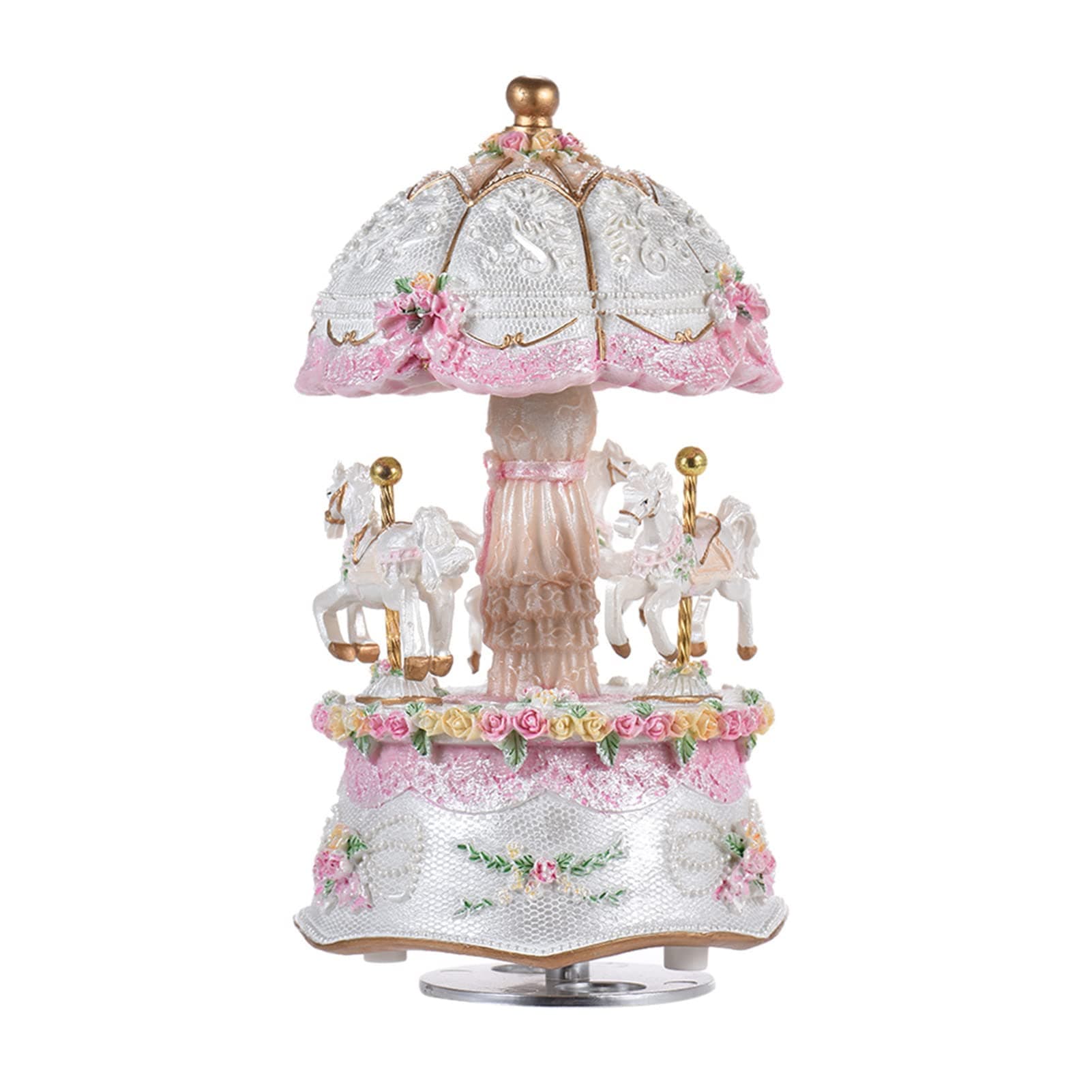 3-Horse Rotating Carousel Merry-go-round Windup Music Carousel with Colorful Color Change LED Luminous Light Melody of Castle in the Sky Artware Birthday Valentine Gift(white)