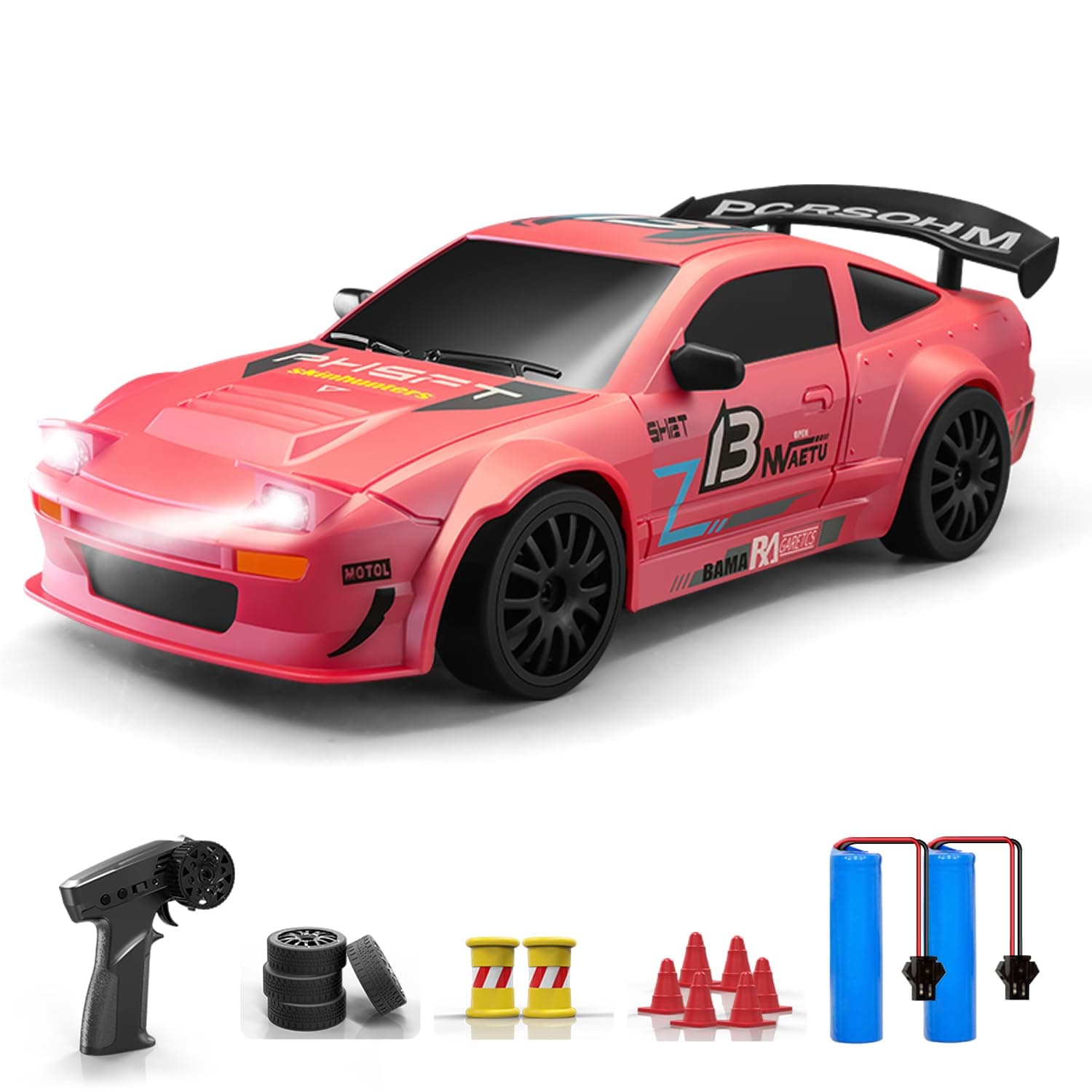 ACAMMZAR RC Drift Car, 1:24 Remote Control Car for Kids, 20KM/H 4WD High Speed RC Cars with LED Lights, Two Batteries, Extra Drifting Tires, Vehicle for Adults Boys Girls, Pink
