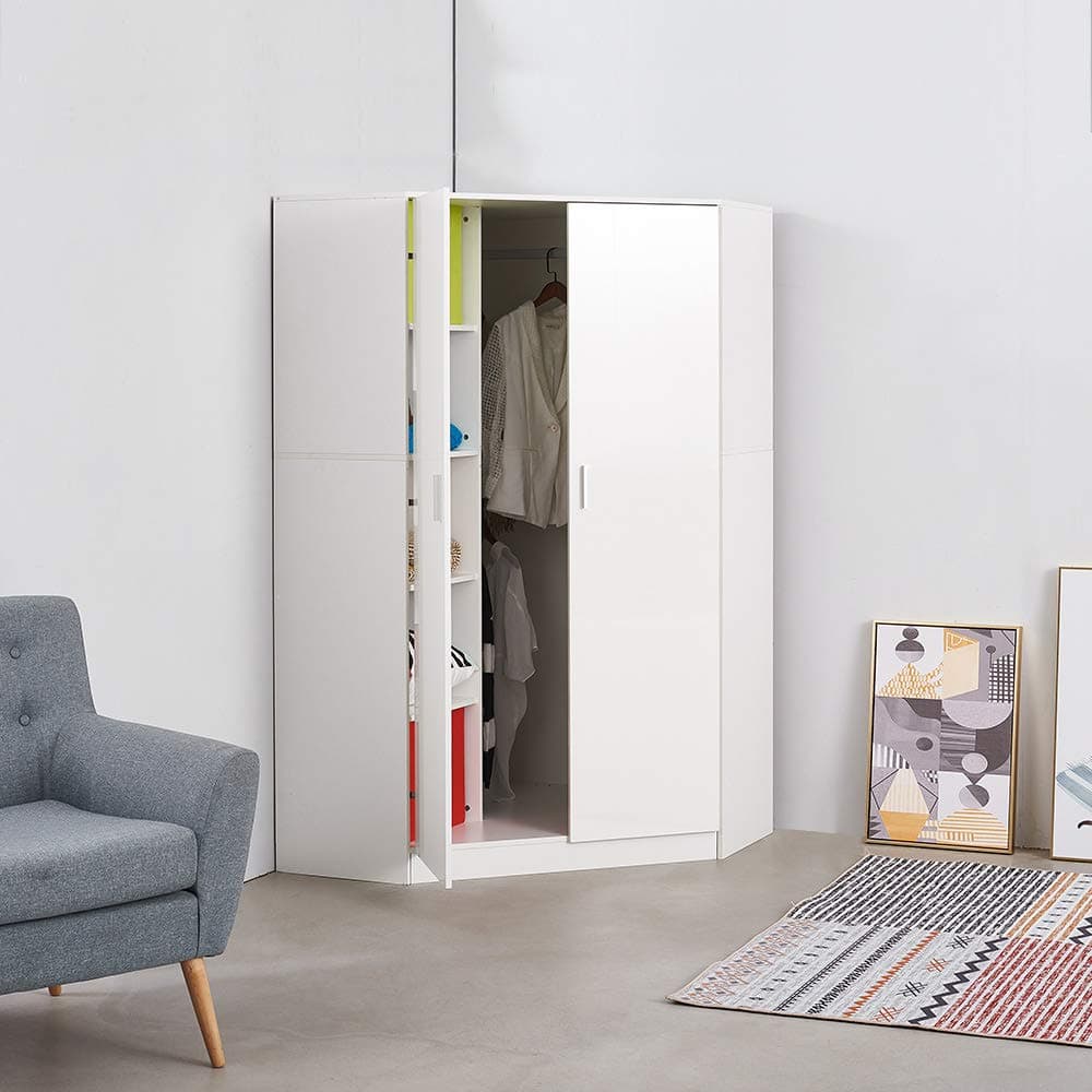 2 Door Corner Wardrobe with 10 Shelves Units High Gloss White/Matt White Bedroom Furniture 180 x 103 x 103cm