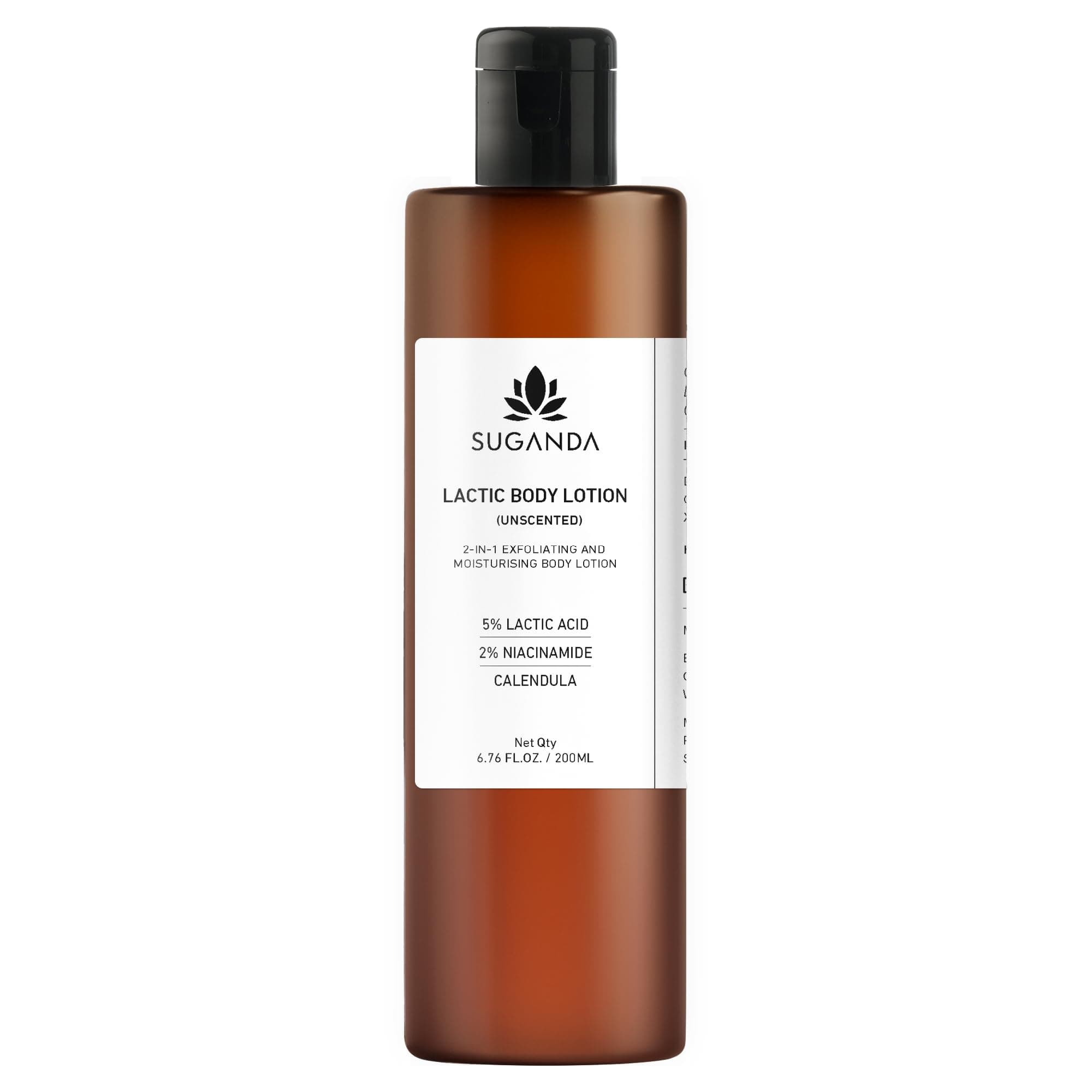 Suganda 5% Lactic Body Lotion with Niacinamide, Vitamin E & Organic Sunflower Oil | Soothes with Calendula | Smooths KP & Strawberry Skin, Reduces Tan | Lightweight, Non-Sticky, Award-Winning | Fragrance-Free [Package might Vary]