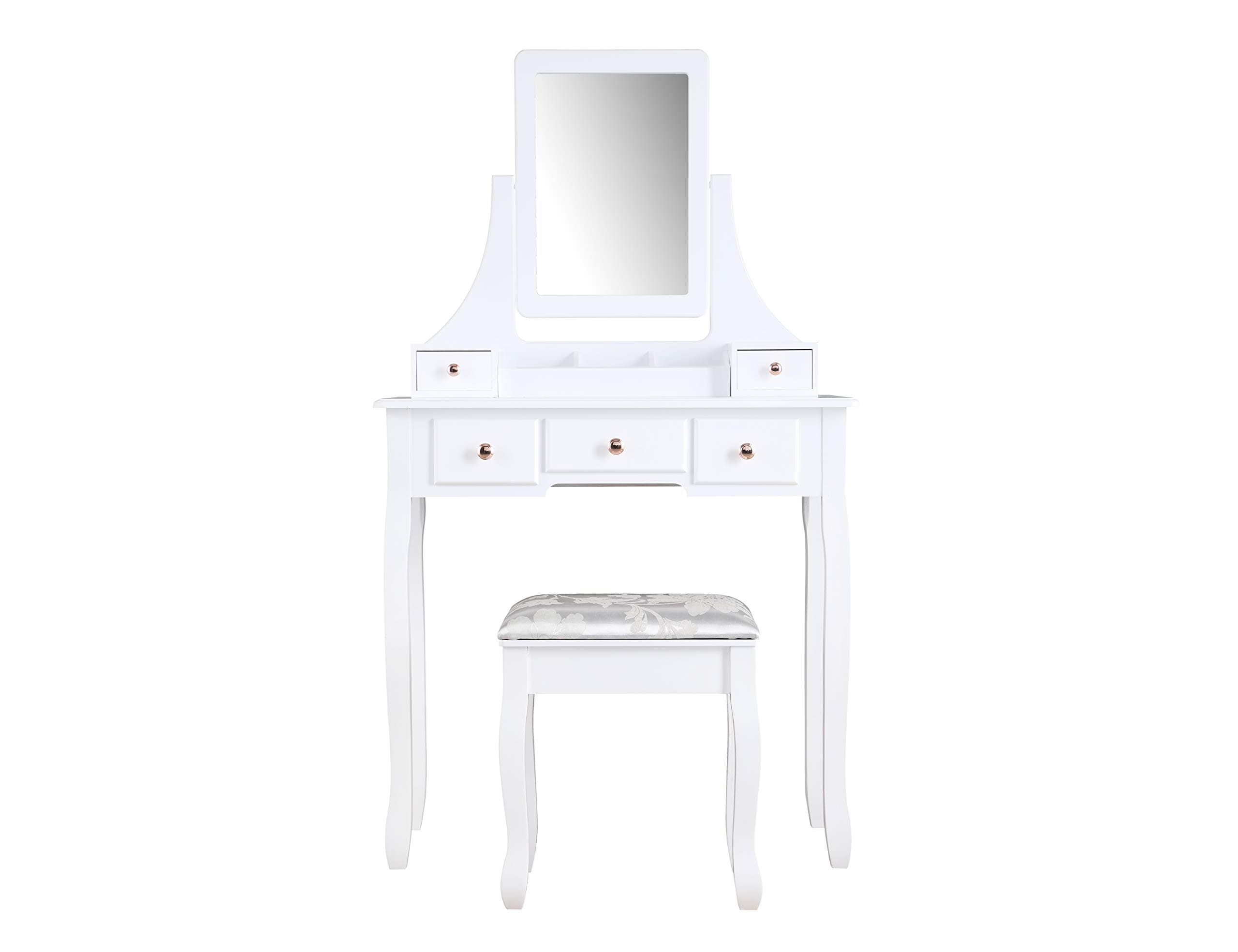 SALBAY White Modern Dressing Table with Framed Mirror, Dresser Set 1 Mirror 5 Drawer with Pinewood stool,Makeup Desk for Bedroom