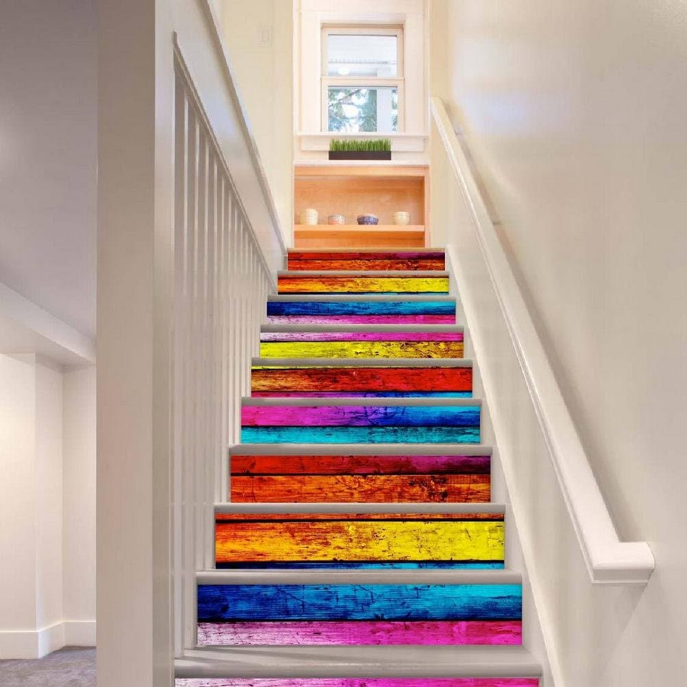 KKYLOVEJ Creative 3D DIY Stairs Stickers Simulation Wood Grain Multicolored HD Mural Self-adhesive Decals Children's Room PVC Waterproof Wallpaper , 1 Set 12 pcs , 100*18cm