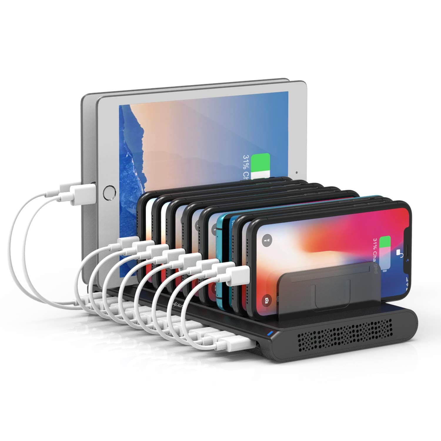 Alxum 10 Port USB Charging Station, 60W Mobile Charging Station with Multi-Port USB Fast Charger Stand for Mobile Phone, Tablet and More,Black
