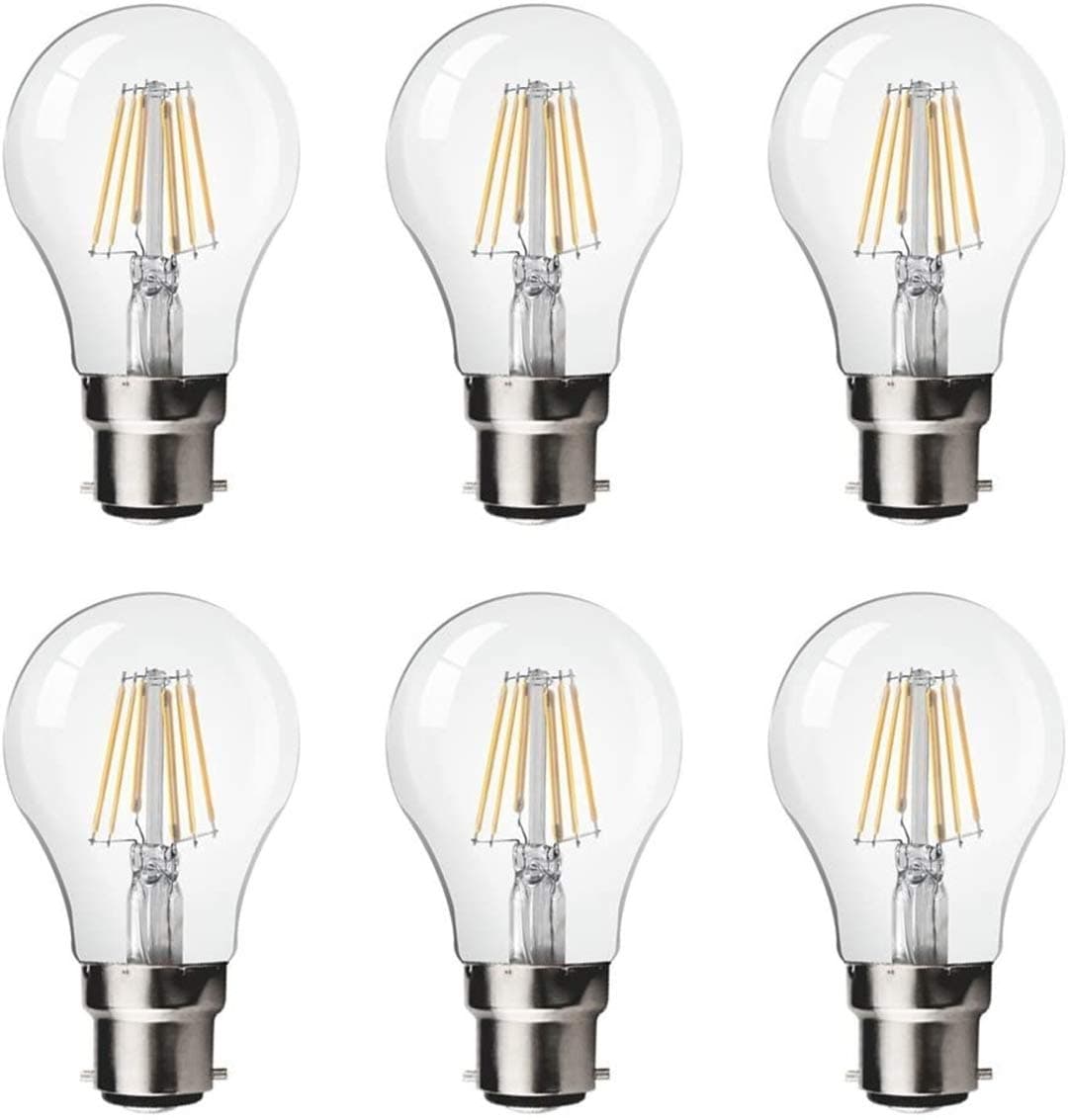 6W B22 GLS LED Classic Filament Bulb Bayonet Cap 3000K, 600 Lumens, Beam Angle 300°, CRI 80, IC Driver, 25000H Life Time, PF 0.5, Energy Saving LED Bulbs (Pack of 6)