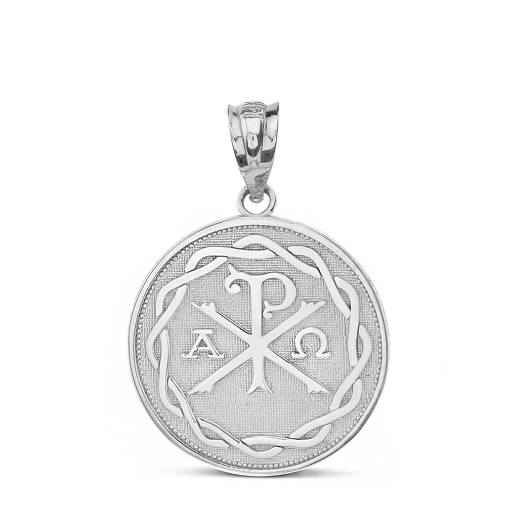 10k White Gold Chi Rho Alpha Omega Symbol Medallion Round Pendant