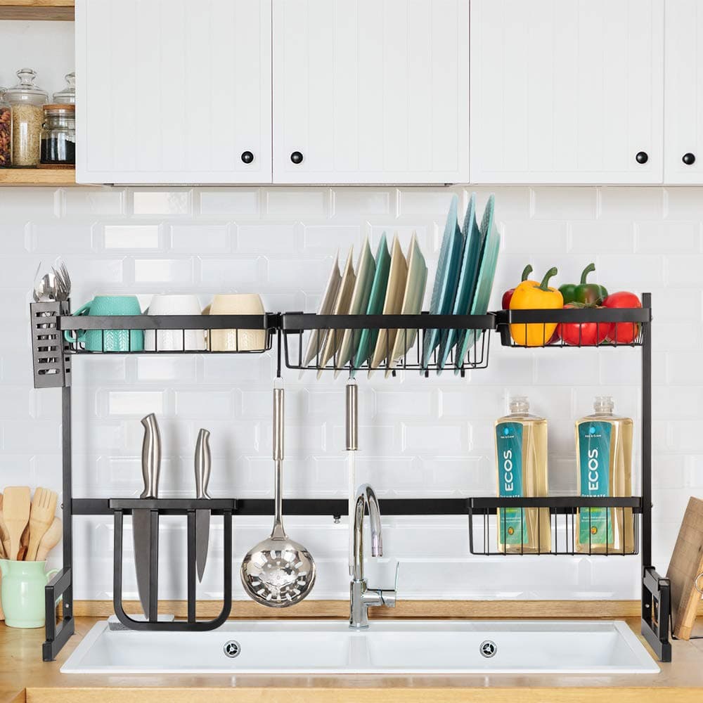 Over the Sink Dish Drying Rack (32.8''-38.2'') Stainless Steel Drainer Shelf Over Sink Kitchen Supplies Storage Shelf Display Stand Tableware Drainer with Utensils Holder Adjustable, Black