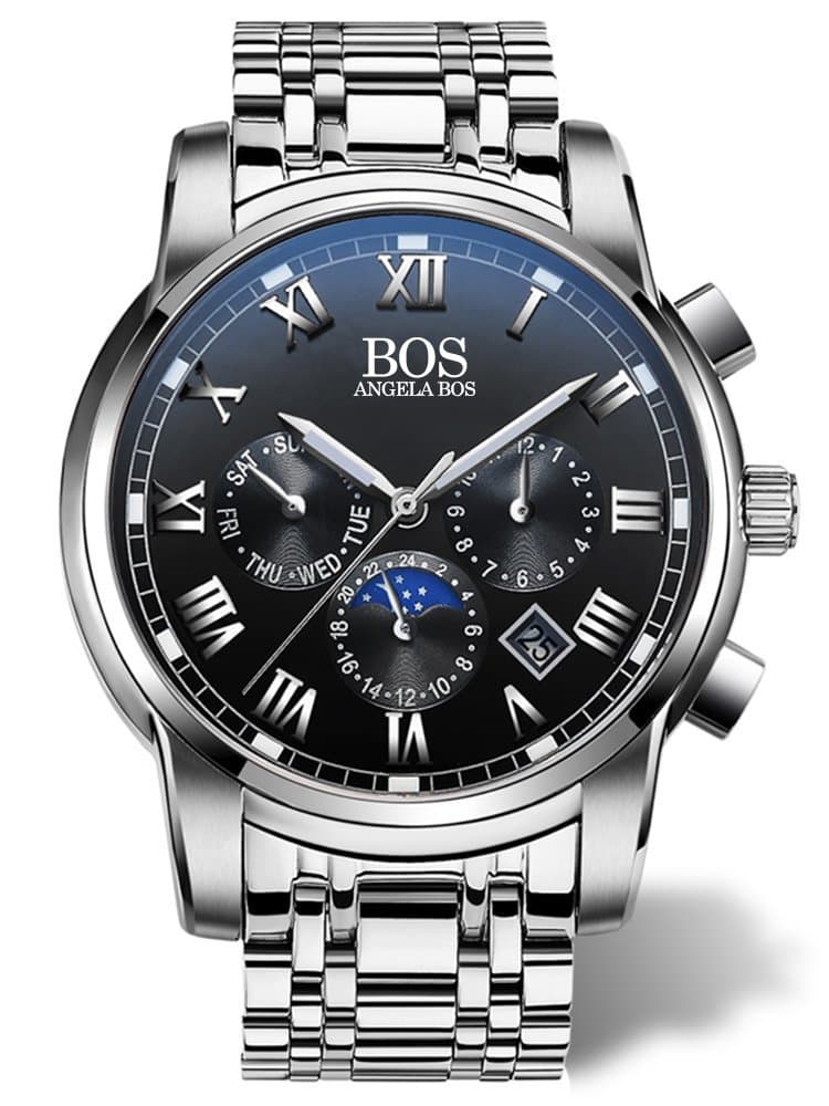 Angela Bos Men's Quartz Wrist Watch Chronograph Stainless Steel Band Black 8006