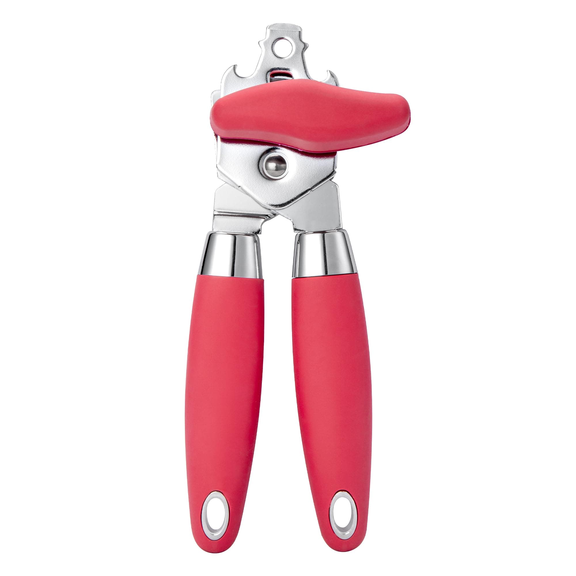 TJ POP 3 in 1 Manual Can Opener - Heavy Duty Handheld Tin Opener With Stainless Steel Ultra Sharp Cutting Wheel, Smooth Edge, Oversized Easy Turn Knob, with Bottle Opener - Red