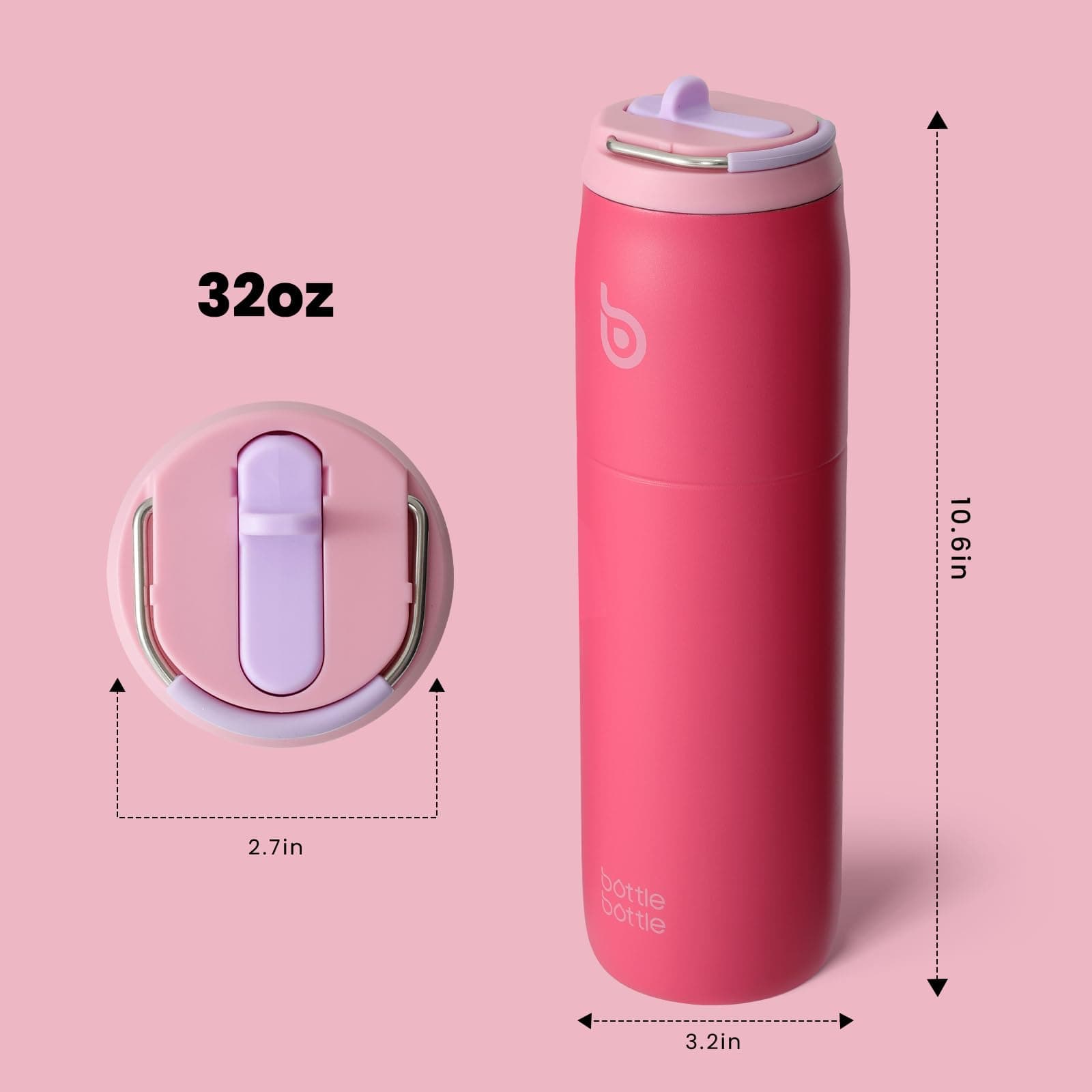 BOTTLE BOTTLE Stainless Steel Water Bottle with Straw Lid and Handle 32 oz Vacuum Insulated Water Bottle for Sports Travel Gym Hiking, Leak-Proof Wide Mouth Water Bottles for Men and Women,Pink Sunset