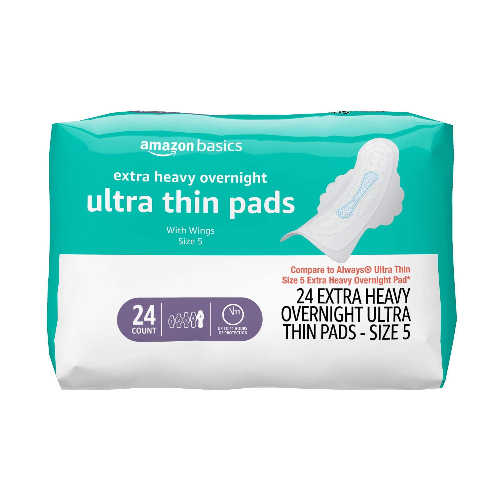 Amazon Basics Ultra Thin Pads with Flexi-Wings for Periods, Extra Heavy Overnight Absorbency, Unscented, Size 5, 24 Count, 1 Pack (Previously Solimo)