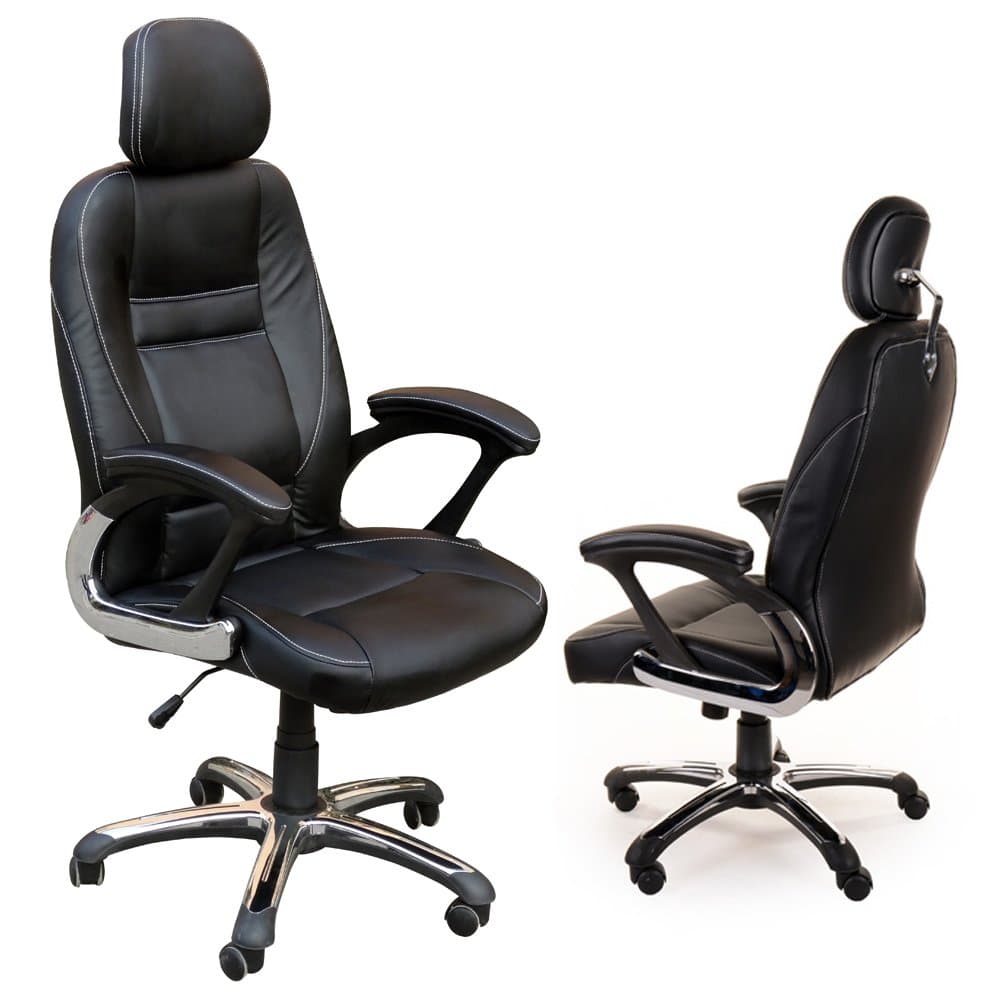 Giosedio RCB Black Office Computer Chair Luxury Leather Swivel Reclining with adjusted headrest. Chrom details.