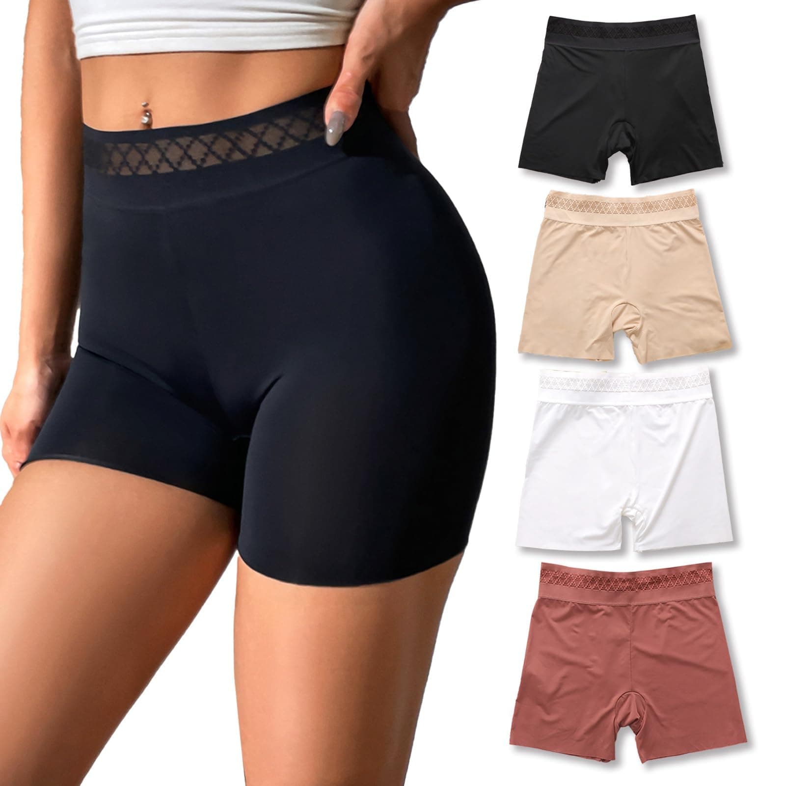 4 Pack Lace Slip Shorts for Under Dresses, Women Smooth Anti-chafing Boyshorts Seamless Underwear Safety Shorts (L)
