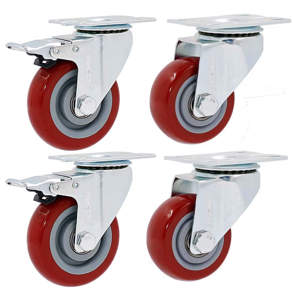 FLBT Casters 4Or Wheels 75Mm Heavy Duty Rubber Swivelor Wheel Trolleyniture 600Kg Wheels Trolley Brakes Red / 3 Inchors/Red/3 inch