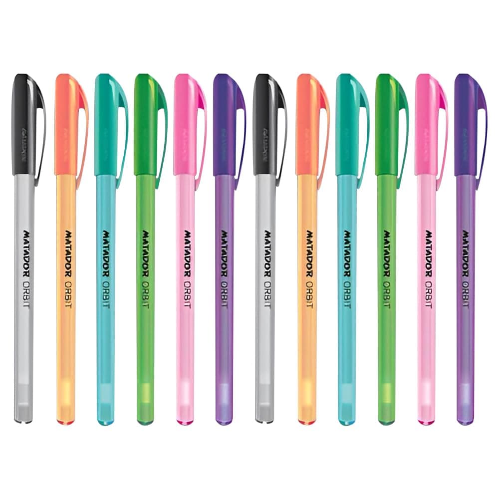 Matador Orbit Fine Point Roll Gel Pens 0.5mm Ballpoint Medium Fineliner Tip - All Black Ink 12 pack - Comfortable Grip Fun Colourful Designs - Writing Drawing School Office Diary (Black)